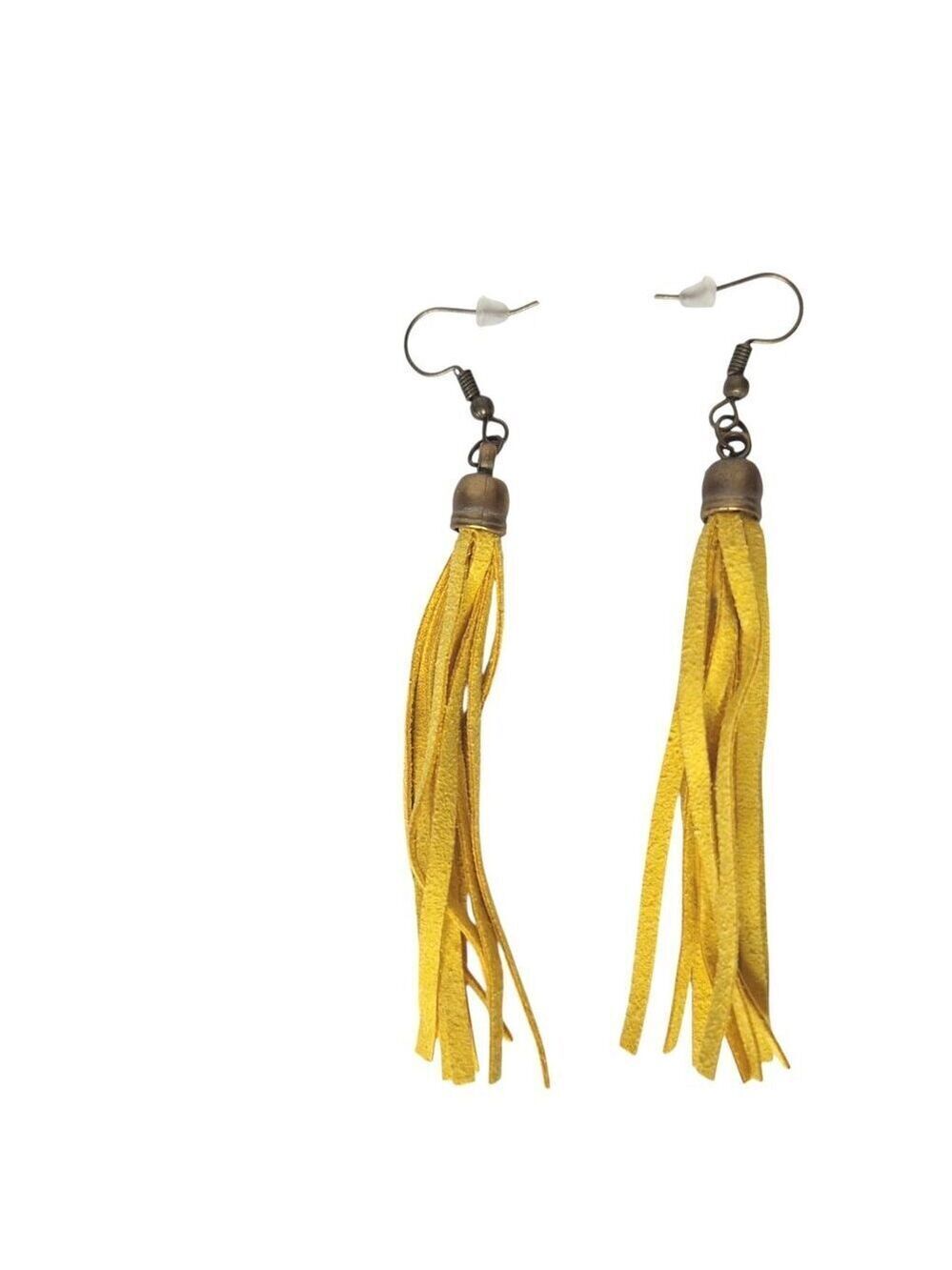 Yellow Faux Leather Tassel Drop Earrings Bronze